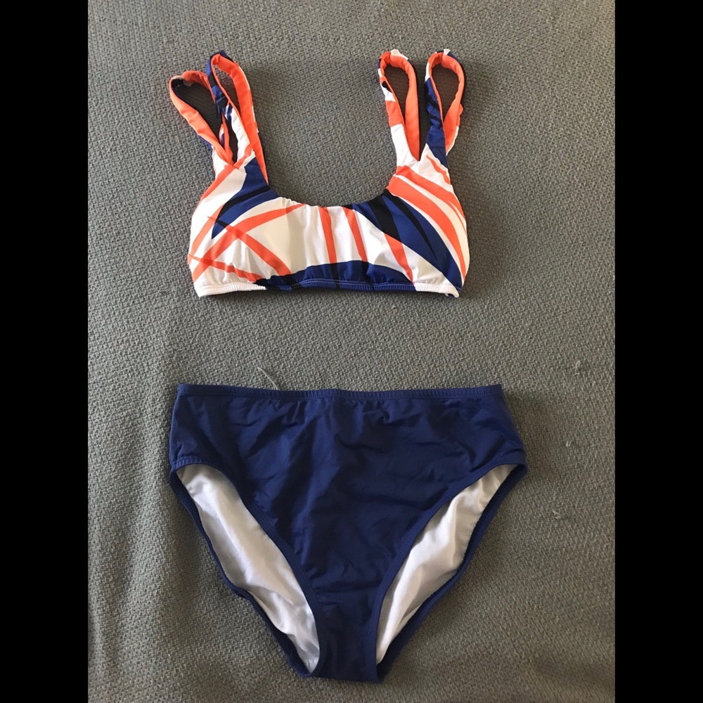 High Waisted Blue & Orange Print Bikini